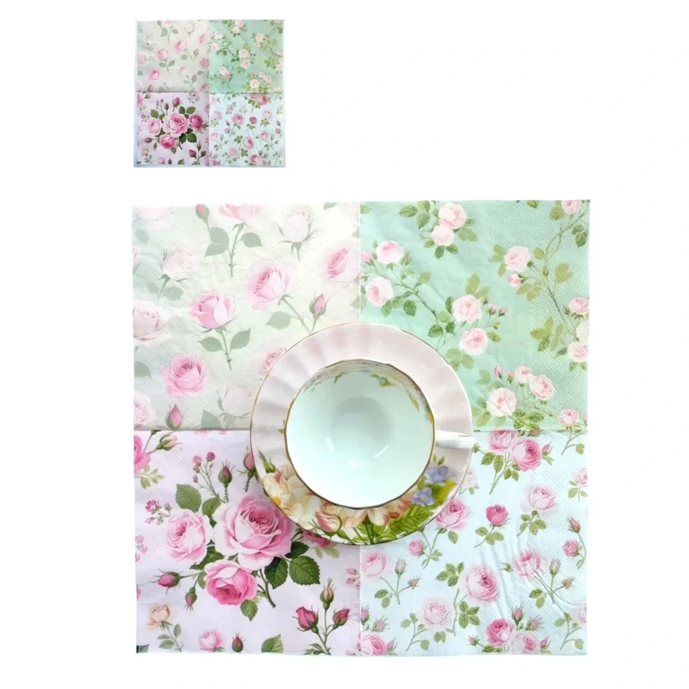 Set of 20 Four Unique Designs of Roses in One Floral Luncheon Napkins